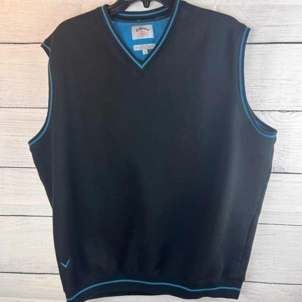 Callaway Golf Men's Medium Black‎ Sport Fleece Cotton Blend Vest Blue Trim